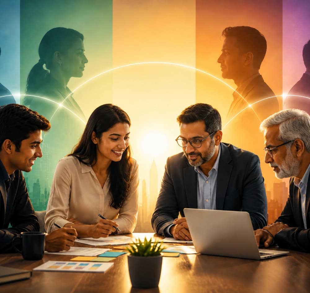 A multi-generational group of colleagues collaborating around a laptop in a meeting